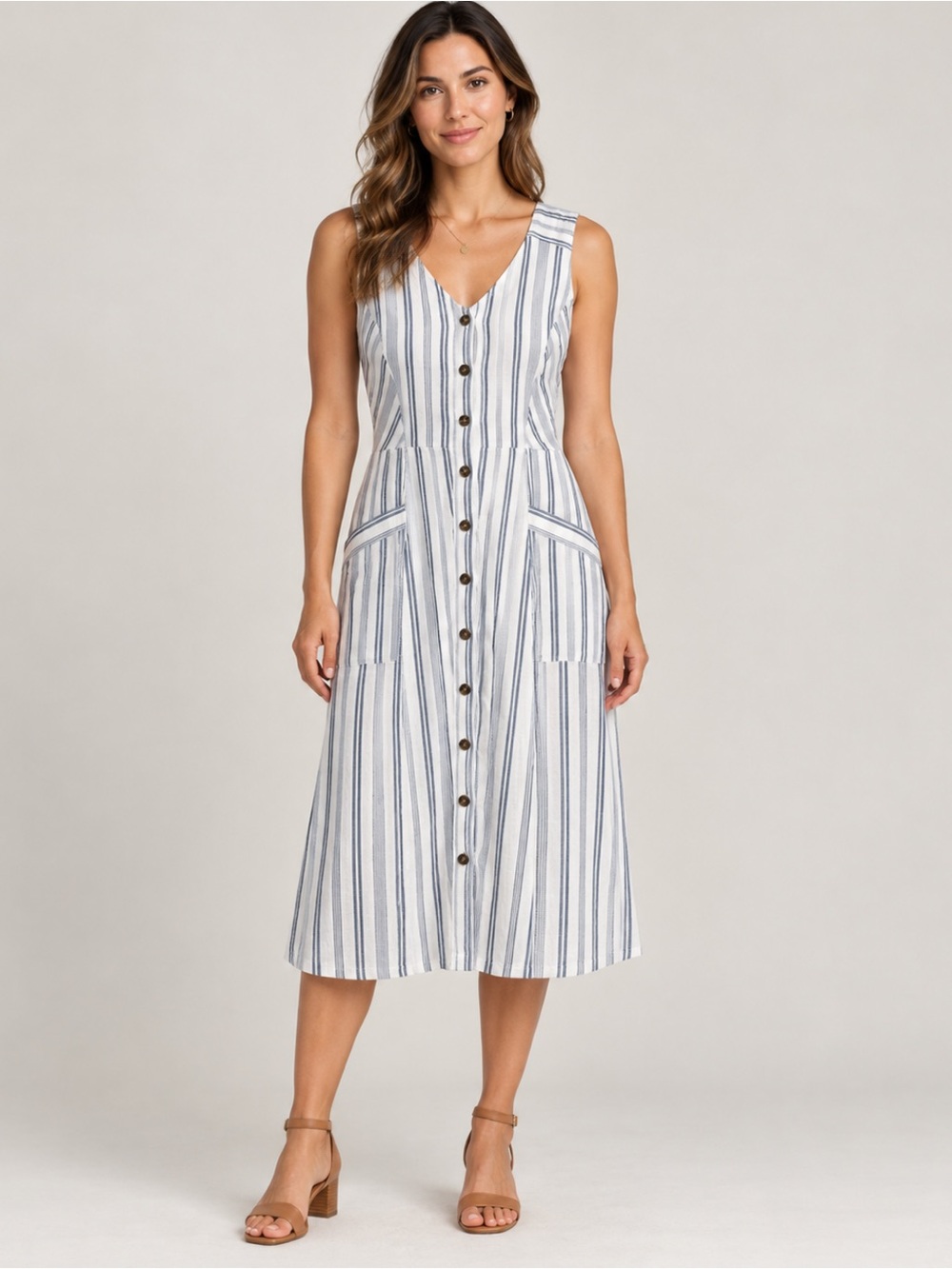 Ann Taylor LOFT Striped Linen Blend Sleeveless A-Line Midi Dress White 8